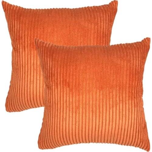 Pack of 2 Corduroy Soft Velvet Striped Solid Square Throw Pillow Covers Cushion Cases 18 X 18 Inch Orange