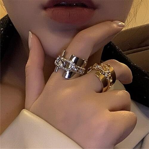 Punk Inlaid Crystal Chain Wide Metal Ring Index Finger Rings Woman Simple Geometric Man Woman Hip Hop Rings Jewelry Gift 2021