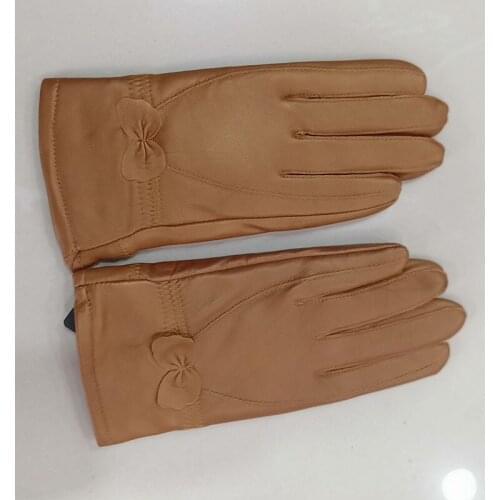 Real Sheepskin Leather Gloves With Bow Warm Winter Women Fashion Mittens Female Thick Hand Glove Ladies