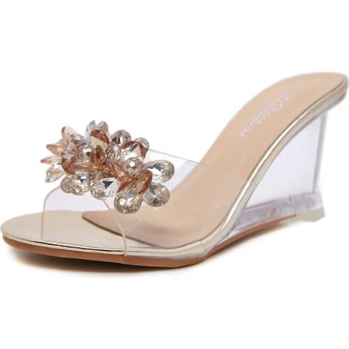 Female Sexy Crystal Transparent High Heels Glass Rhinestone Wedge Sandals Ladies Sweat Summer Women Shoes Wedge Sandals