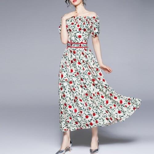 VSUE Bohemian Flower Print Ruffle Splice Strapless Off The Shoulder Elastic Chest Wrapping Maxi Ankle Length Dress Holiday D3076