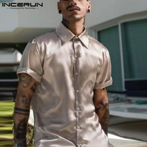 INCERUN 2021 Fashion Men Shirt Solid Color Lapel Short Sleeve Gloss Streetwear Party Casual Men Clothing Summer Leisure Camisas