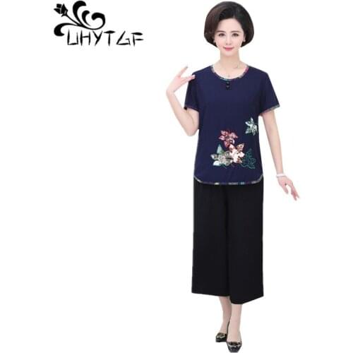 UHYTGF Elegant Summer Two Piece Set Embroidered Cotton And Linen Suit Female Loose Soft Thin 6XL Plus Size Tracksuit Women 1036