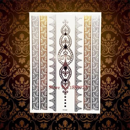 Hot Sale Henna Lace Gold Metallic Temporary Tattoo Body Art Arm Sleeve Tattoo Sticker 21*15cm Fake Flash Tatto Silver Bracelet