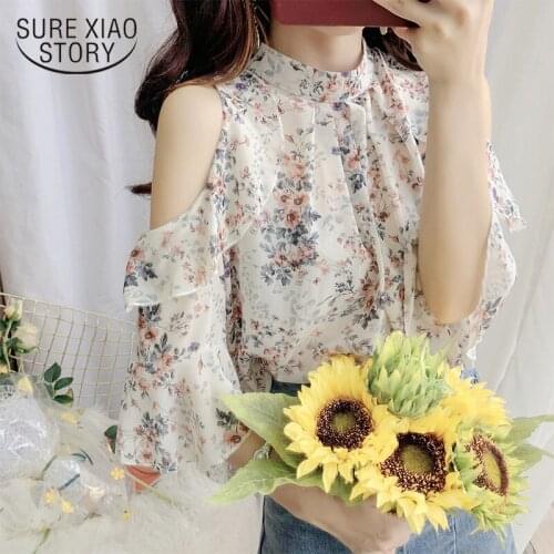 2021 Causal Elegant Print Blouses Off Shoulder Sexy Chiffon Blouse Fashion Summer Tops Chiffon Shirts Women Blusa Feminina 15131