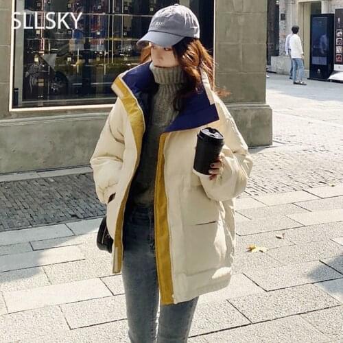 Sllsky Color Matching Jacket Women Stand-up Collar Velcro Winter New Warm Thicken Loose Brand Cotton Parkas Casual Zipper Coat