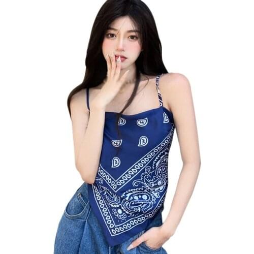 Womens Retro Print Irregular Tank Tops Summer Bow Backless Slim Sexy Camisole Vest