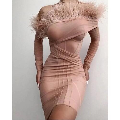 2021 Autumn Sexy Mesh Feathers Strapless Strap Fashion Long Sleeve Short Evening Dresses Clubbing Party Skinny Vestido Prom Robe