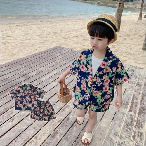 2021 new cotton girls boys 2 pcs set summer cotton printed shirt+shorts cool soft kids suit