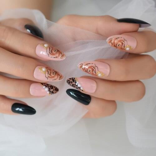 Rose Nails Press On Nails Almond Medium-Short Fingernails Tips Flase Nails Art Suppliying For Professionals EchiQ Nails 24pcs