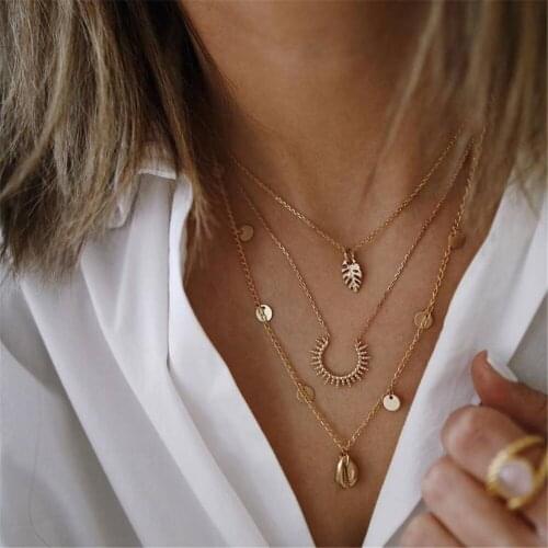 3 Pcs/Set Bohemian Leaf Shell Round Opening Round Pendant Multilayer Gold Necklace Set Women Birthday Jewelry Gift