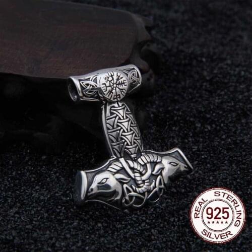 925 Sterling Silver Viking Goat Viking Thor hammer Pendant Nekclace with real leather and keel chain as gift