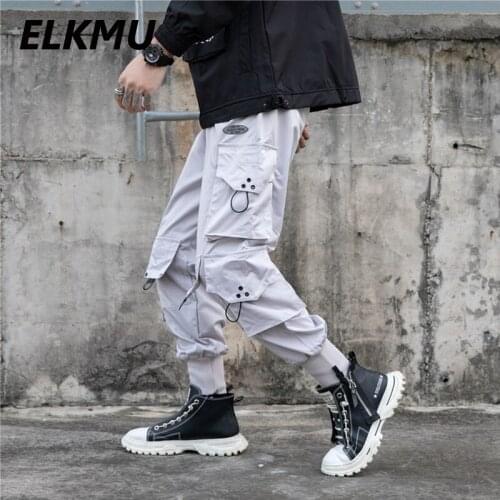 ELKMU Black Tactics Cargo Pants Men Streetwear Joggers Sweatpants Fashion Trousers Ribbon Harajuku Pencil Pants Male HE984