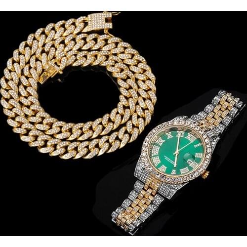 D&Z Cuban Chain Watch Set Necklace& Watch & Bracelet Hip Hop Gold Iced Out Paved Rhinestones CZ Bling Rapper For Men Jewelry