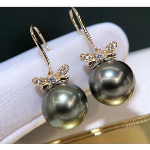 D914 Pearl Earrings Fine Jewelry Solid 18K Gold Round 10-11mm Nature Sea Water Tahiti Pearls Drop Dangle Earrings for Women Gift
