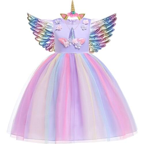 3pcs 3-10 y Teens girl dream unicorn Dress Children Kids birthday Party Dress Girl Formal prom Girls Princess Dress + headdress