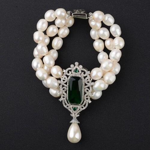 Womens 8" White Rice Pearl Bracelet CZ Connector