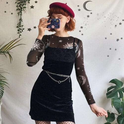 New Women Sexy Harajuku Mesh Tops Net See Through T Shirt Transparent Sun Moon Star Print Basic Long Seeve Thin T-shirt