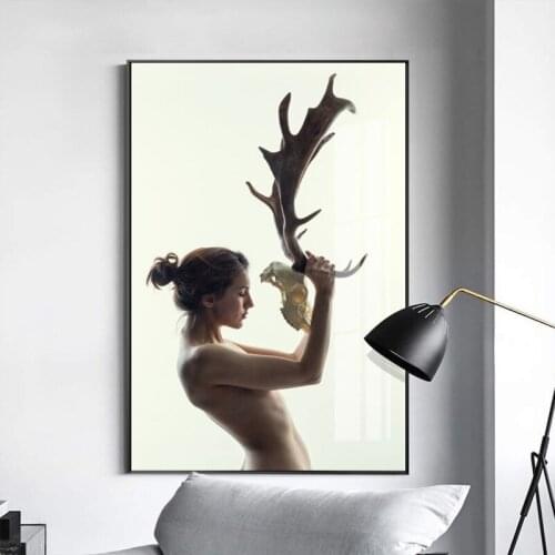 Naked Woman and Deer Bone Mask Abstract Wall Art Picture Canvas Poster Nordic Wall Art Print Painting Living Room Decoration