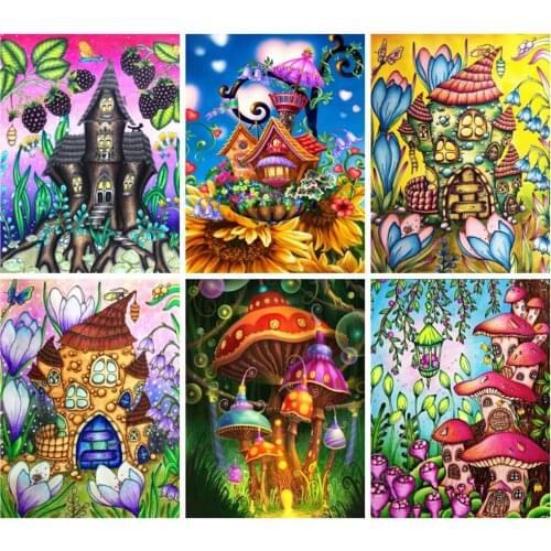 KAMY YI Cartoon Mushroom House Diamond Painting Cross Stitch Set 5D Diy Full Diamond Embroidered Mosaic Home Decoration