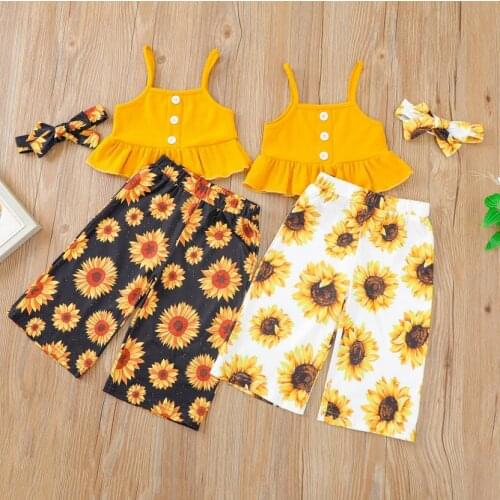 Kids Girl Three Piece Set Childrens Ribbed Sling Tops Vest Sunflower Printed Trousers Hair Band Summer Kids Childrens Sets