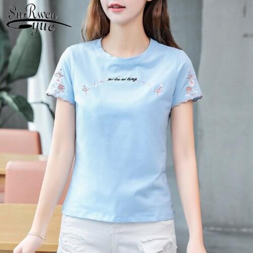 Fashion 2021 Summer Blouse Short Sleeve Women Round Neck Letter Floral Embroidery Plus Size Pink Fashion Clothing Female 8590 50