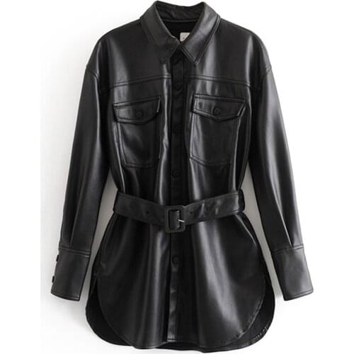 Trendy Autumn Winter Women Fashion PU Shirts Elegant Tie Belt Waist Pockets Tops High Imitation Leather Blouses