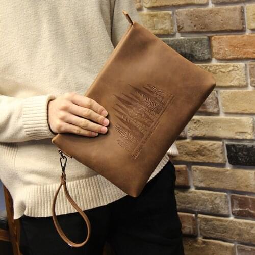 Vintage Crazy Horse pu Leather Men Envelope Clutch Bags Business Men Clutch Bags Large Capacity IPAD Bag Brown