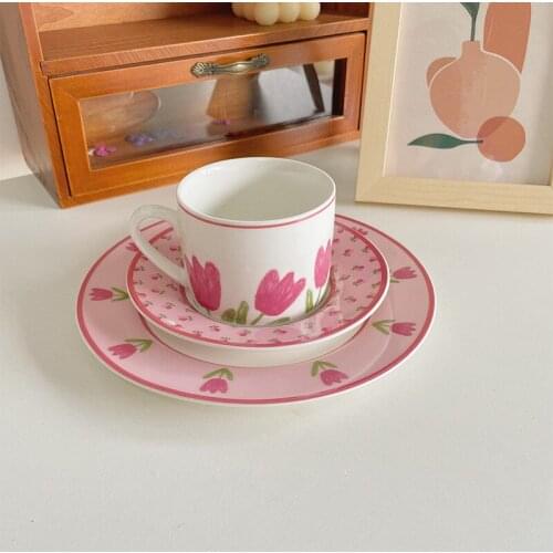 Cutelife Ins Tulip Pink Ceramic Coffee Cup Set Home Decoration Milk Tea Breakfast Cup Saucer Vintage Wedding Plate Reusable Cup