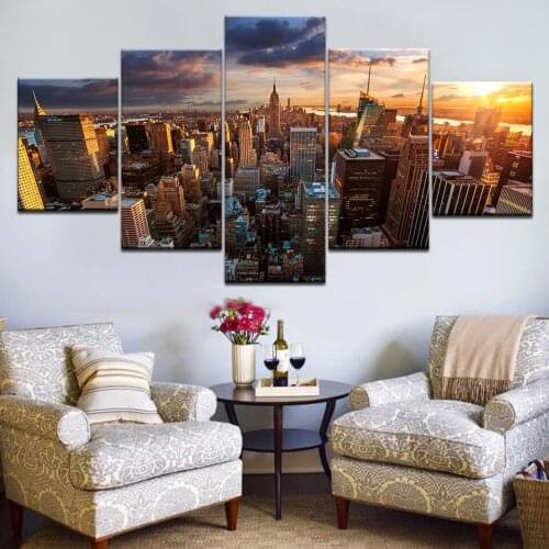 Wall Art Canvas Picture Home Decor Framework 5 Pieces New York City Building Aerial sunset Painting HD Prints Landscape Posters