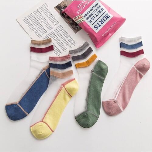 Salina spring, summer and autumn mix colours bottom cross stripe card Silk womens socks mid-tube socks nylon cotton ultra-thin