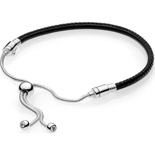 NEW 2018 New 100% 925 Sterling Silver Moments Black Leather Sliding Bracelet Charm Women of Fashion DIY Gift Jewelry