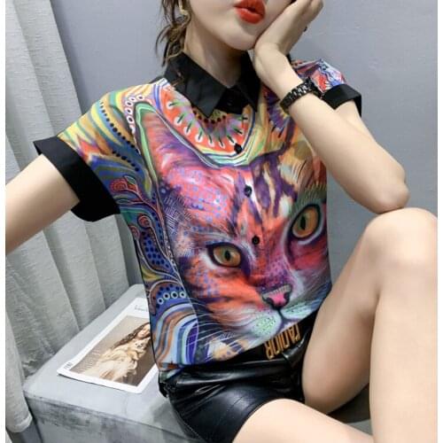 New Summer Printted Womens Chiffon Shirts Short Sleeve Tops Hig Quality Elegant Ladies Casual Plus Size Loose Tops Mujer 2021