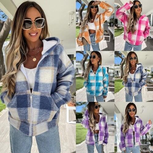 2021 Autumn and Winter New European and American Loose Plaid Plush Multi-Color Hooded Jacket Zipper Warm Womens Top