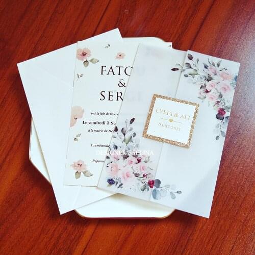 50pc Transparent Wedding Invitations with Glitter Tag DIY Personalized Print Vellum Greeting Cards For Quinceanera Party Invites