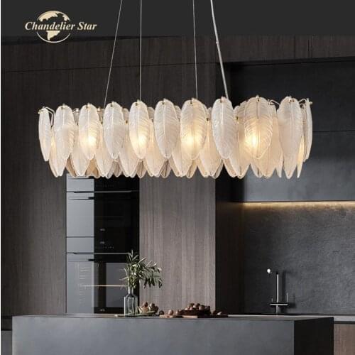 Luxury LED Chandeliers Lighting Lustre Feather Glass Metal Rectangle Pendant Hanging Lamps Bedroom Living Room Lights Fixture