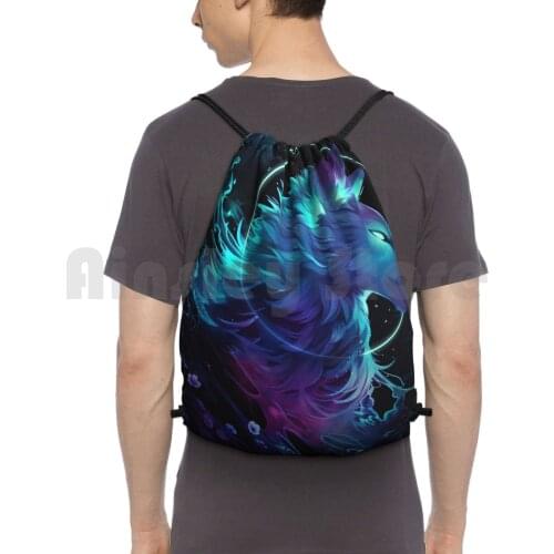 Ether Backpack Drawstring Bag Riding Climbing Gym Bag Clockbirds Wolf Dog Canine Moon Mist Flowers Night Dark Blue Purple