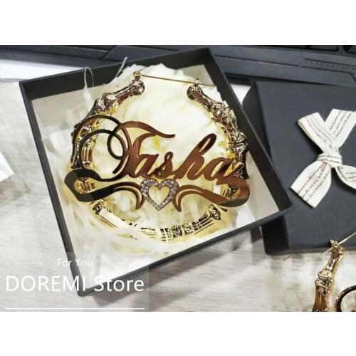 DOREMI Bling Heart Name Bamboo Earrings Custom Hoop Bamboo Names Earrings Letter Big Personalised Name Earrings Women Gift