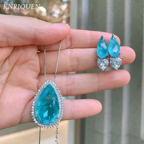 Vintage 925 Sterling Silver Paraiba Tourmaline Aquamarine Stone Earrings Pendant Necklace Wedding Fine Jewelry Sets for Women