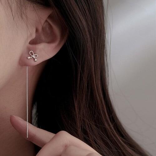 925 Sterling Silver Long Chain Bowknot Drop Earrings For Women Girls Wedding Party Jewelry Oorbellen Pendientes eh726