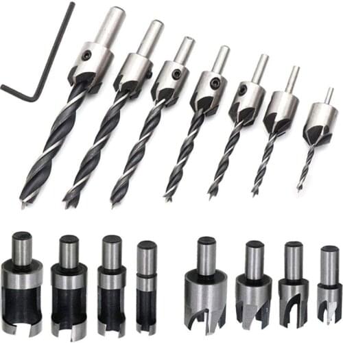 8 Pieces HSS Taper Claw Type Wood Plug Cutter Drill Bits 5/8 inch 1/2 inch 3/8 inch 1/4 inch + 7 Pieces Countersink Drill Bits S