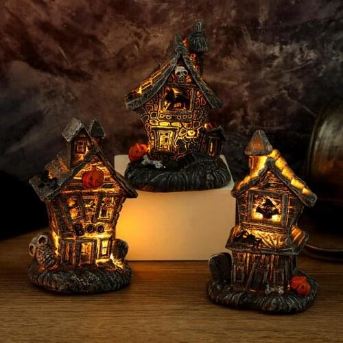 LED Skeleton Haunted House Statues With Lighted Pumpkin Witch Resin Sculptures Home Desktop Halloween Decorations Props Gift