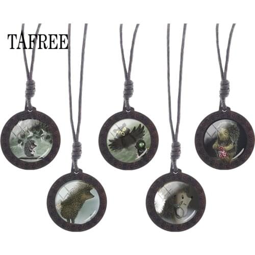 TAFREE Hedgehog In The Fog Wooden Necklace Choker Biological Evolution Theory ART Glass Cabochon Pendant for men HF21