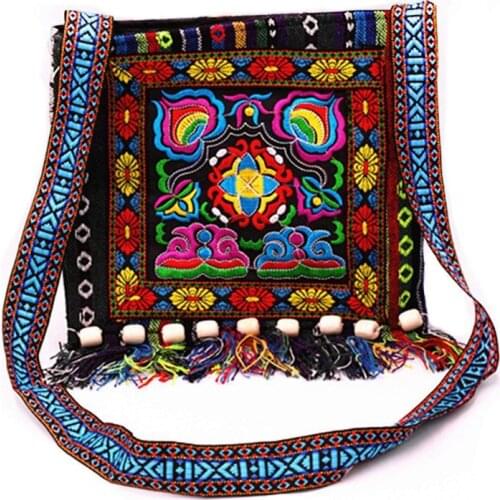 Hmong Vintage Chinese National Style Ethnic Shoulder Bag Embroidery Boho Hippie Tassel Tote Messenger