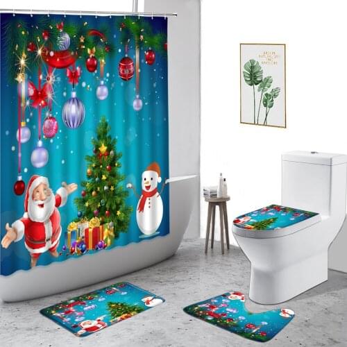 3D Santa Claus Snowman Waterproof Shower Curtains Christmas Bathroom Curtain 4pcs Set Bath Mat Toilet Cover Carpet Home Decor