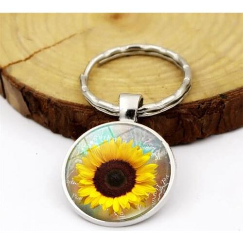 WG 1pc Van Gogh Sunflower Time Gem&stone Cabochon Keychain Keyring Pendant Glass Ball Metal Keyring Jewelry For Friendship Gift