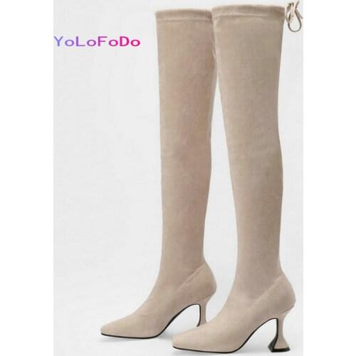 2021 Autumn Winter Women Over the Knee Boots Faux Suede Square Toe Ladies Thigh Boots Strange Style Lace Up Women Stretch Boots