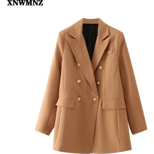 XNWMNZ Women 2021 Fashion Double-Breasted Camel Blazer Coat Vintage Long Sleeve Pockets Female Outerwear Chic Veste Femme top