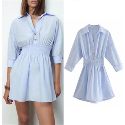 ZA Summer Women Dress Solid Golden Button Office Lady Turn Down Collar 3/4 Sleeve Dress Elegant Girls Pleated Waist Outfits