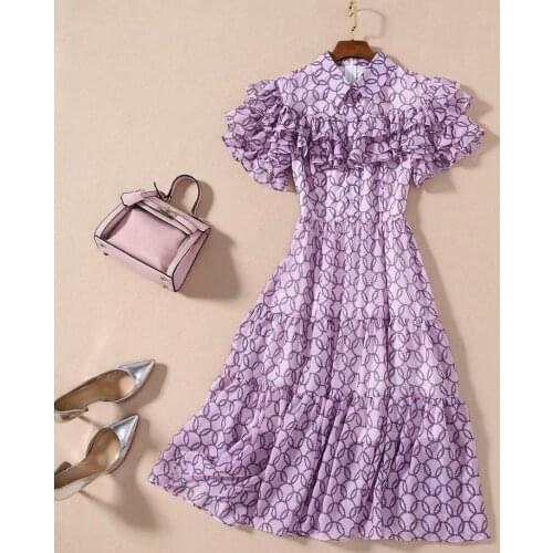 Womens European and American dress 2021 summer new styles Short sleeve lapel with purple print flounces Fashionable dress